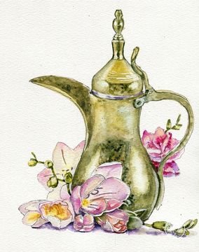 Turkish copper coffee pot with freesia flowers