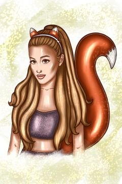Two illustrations of Ariana Grande with and without a foxtail