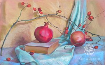 Still life with pomegranates and rose hips