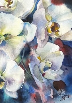 Watercolor painting with orchid White orchid