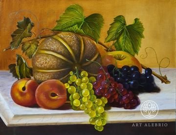 Still life with grapes and melon.