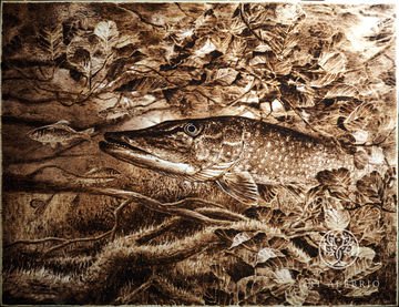 Pyrography. Pike is the mistress of the river.