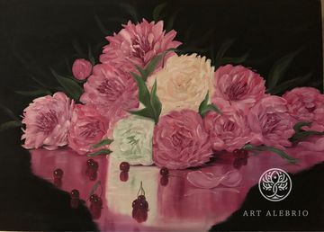 Peonies on a black piano