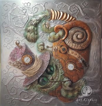 Cheshire cat, bas-relief panel in steampunk style, plaster