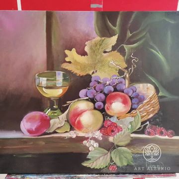 Free copy of the painting by artist Edward Ladell “Still Life with a Basket of Fruit and Wine.”