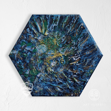 Fragment of Atlantis, hexagonal textured painting, diameter 20 cm