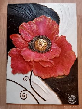 Large red poppy using bas-relief technique