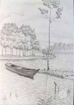 Landscape with a boat and a bird