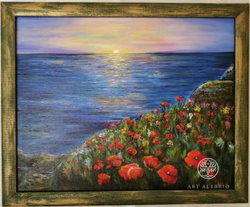 Sunset on the sea and poppies.