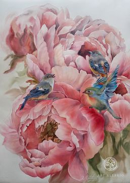 Розовые пионы с птичками