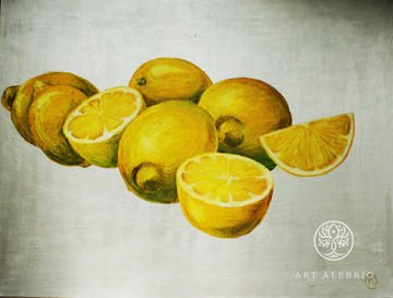 Large lemons on a silver background