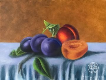 Still life with plums and peaches