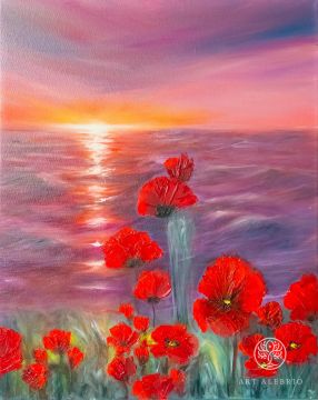 Poppies by the sea at sunset