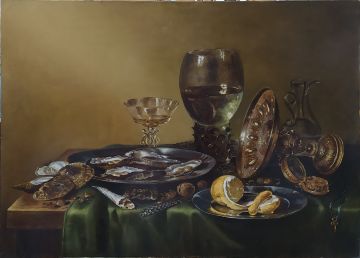 Still life with a silver vase, a Römer glass and oysters.