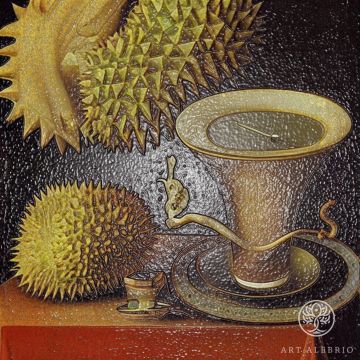 Still life with durian and coffee clock