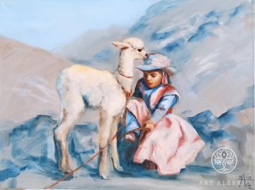 Alpaca and girl. 80x60, oil on canvas