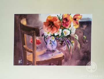 Still life with poppies in backlight. Watercolor, 21x29.7 cm, mat size 30x40 cm. Paper 300 g/m2.