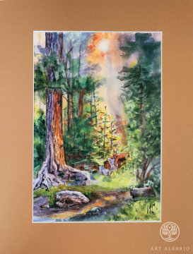 Ray of light in the forest. Watercolor, mat size 30x40 cm. Paper 300 g/m2, cotton.
