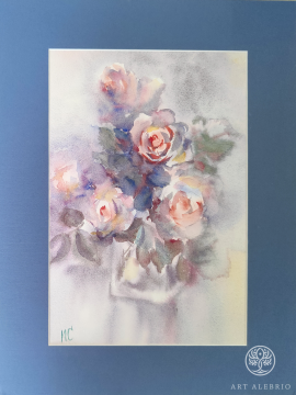 Roses in a vase. Watercolor, paper 300 g/m2. Size: 21x29.7 cm, size 30x40 cm with mat.