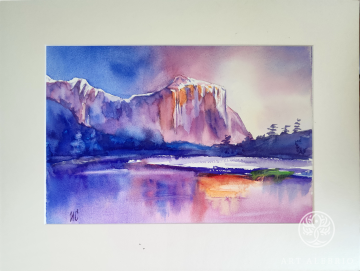Bright mountains. Watercolor. Size with mat 30x40 cm. Watercolor paper 300 g/m2.