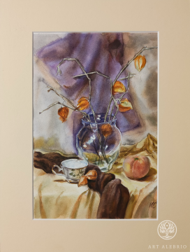 Still life with physalis. Watercolor, size 21x29.7 cm, size with mat - 30x40 cm.