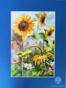 Sunflowers. Watercolor, mat size 30x40 cm. Cotton watercolor paper, 300 g/m2.