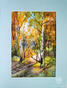 Birches in the forest. Watercolor, watercolor paper 300 g/m2, size 21x29.7 cm, size with mat 30x40 cm.