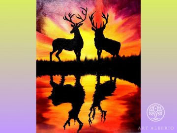 Painting Deer Oil Sunset Gift Interior Silhouette