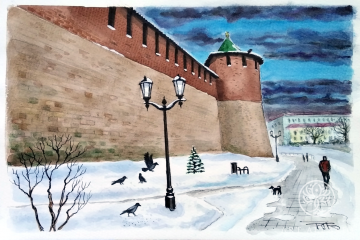 Nizhny Novgorod Kremlin. Western Wall in winter.
